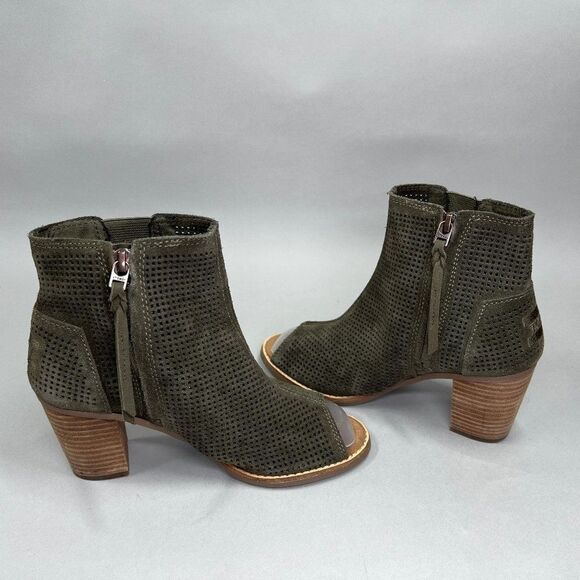 Toms Ankle Boots Women's Size 5.5 Forest Green Perforated Suede Heeled Booties - Picture 7 of 11